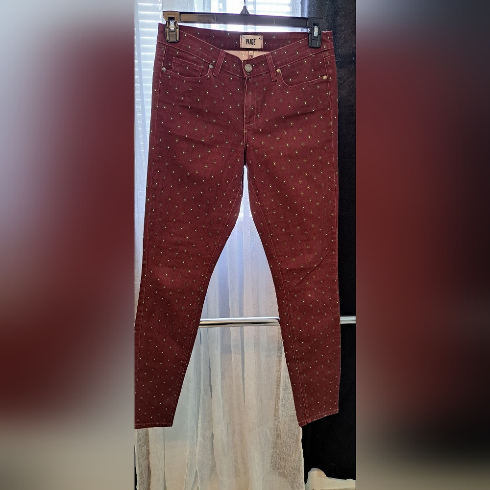 PAIGE Women's Dark Red Skinny Jeans with Pattern